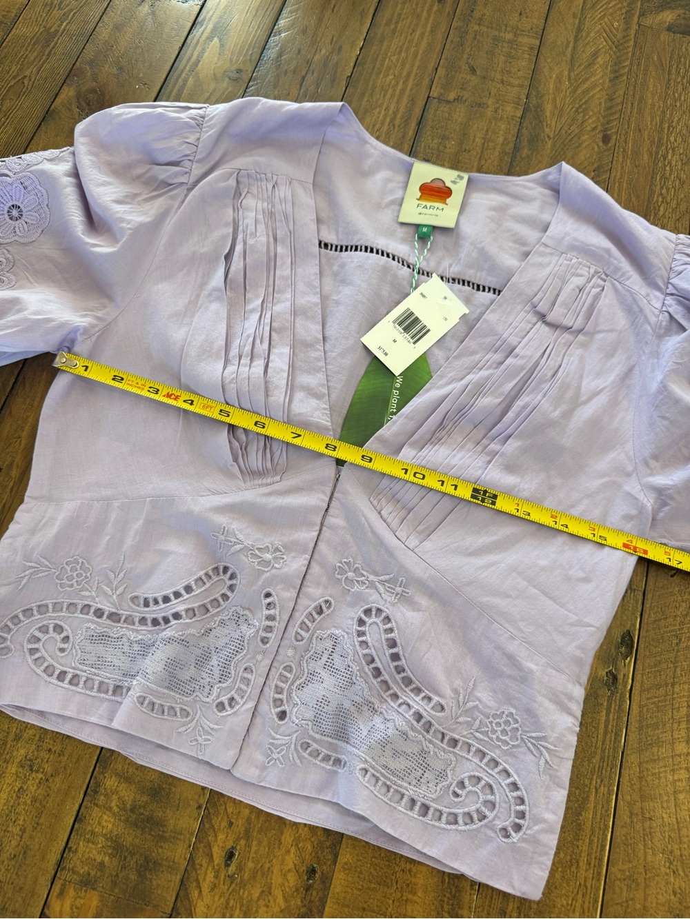 NWT FARM Rio Lilac Lace Blouse M $175 Embroidered Puff Sleeve Boho - Picture 12 of 14